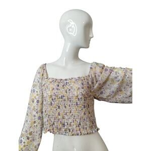 Love Tree Women's Size Large Floral Crop  Smocked Square Neck Summer Boho Top